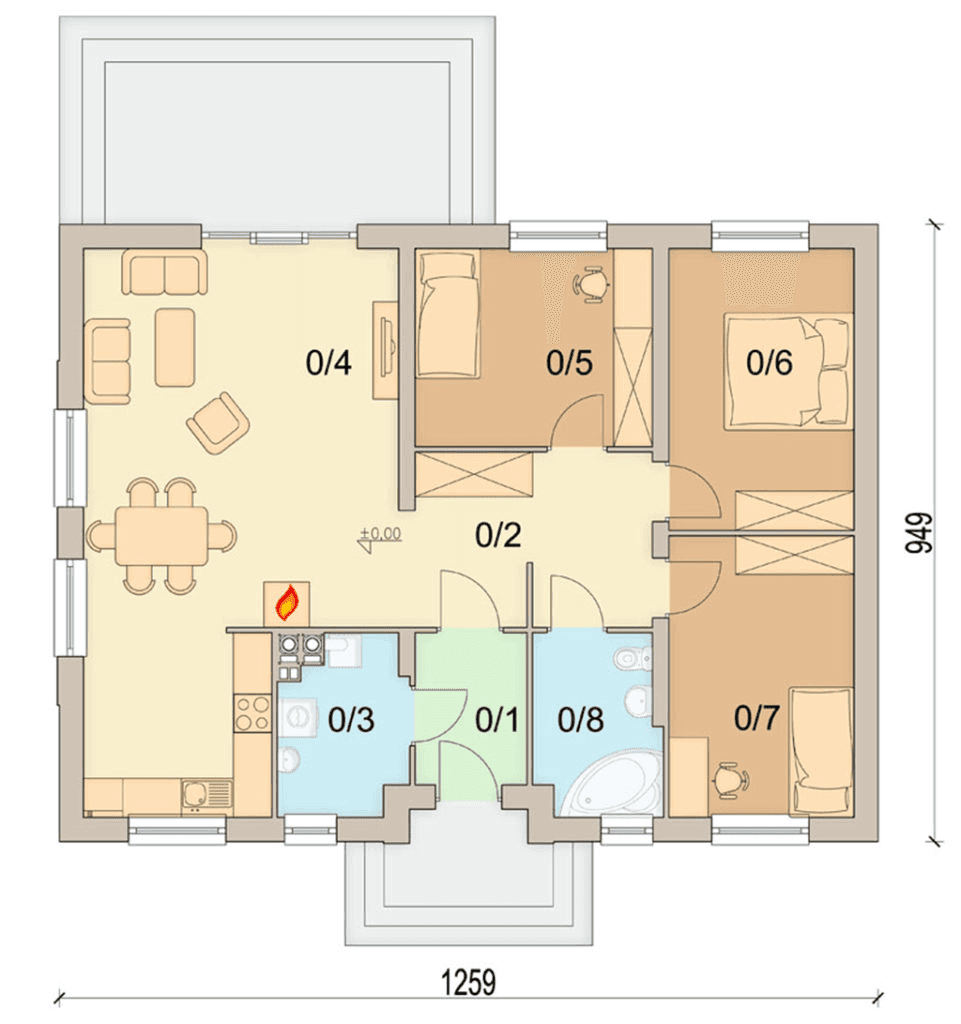 Rzut parteru domu jednorodzinnego Daktyl