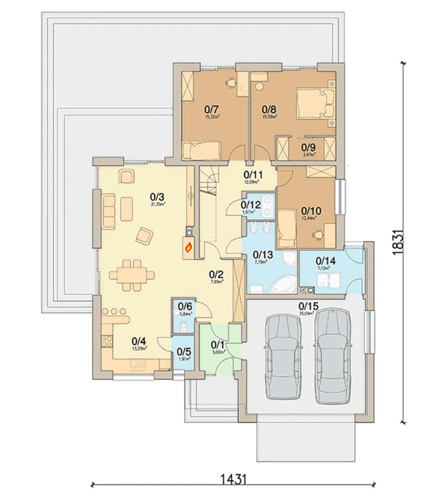 rzut parteru domu jednorodzinnego Kalwados modern