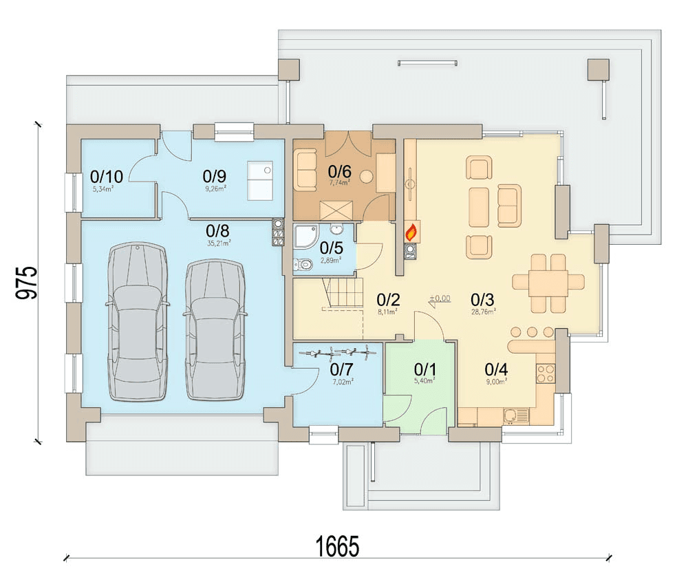 Rzut parteru domu jednorodzinnego Lungo 4 modern s2