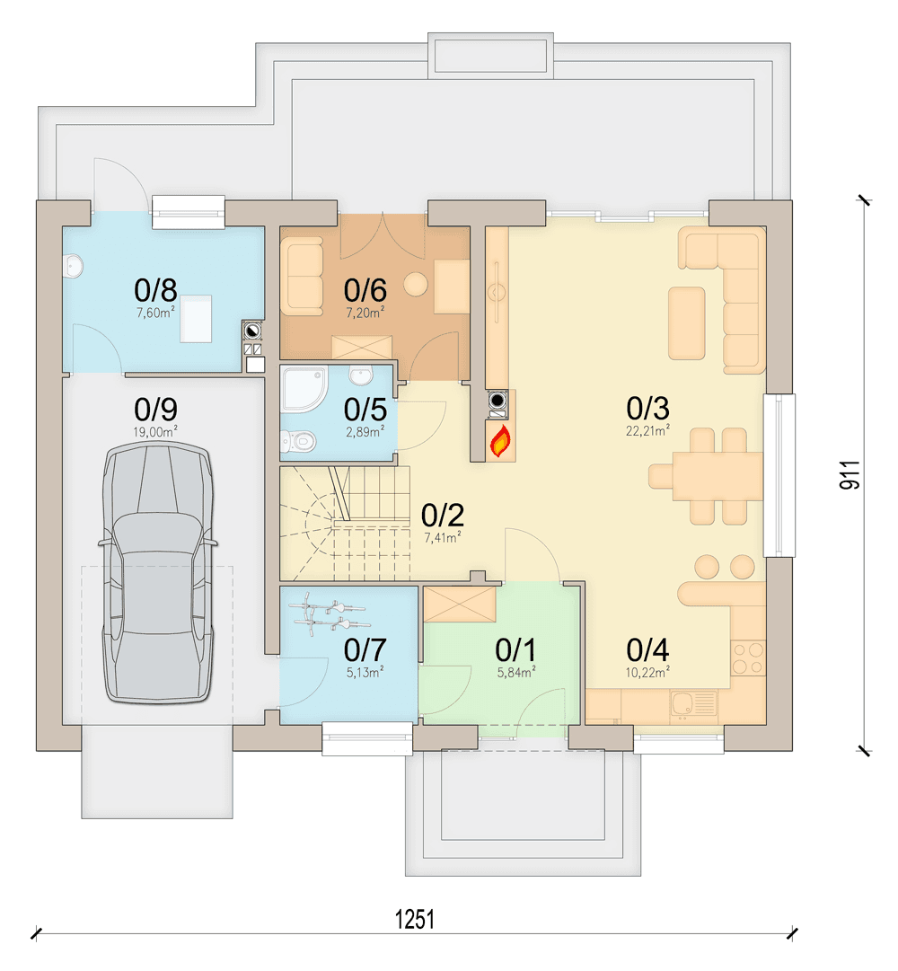 Rzut parteru domu jednorodzinnego Lungo 5 g1
