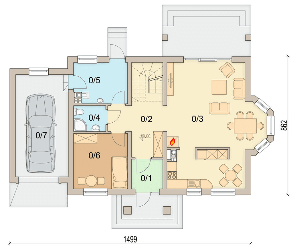 Rzut parteru domu jednorodzinnego Mango