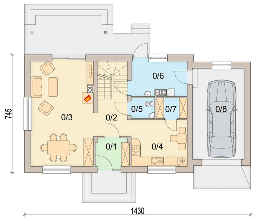 Rzut parteru domu jednorodzinnego Migdał 2