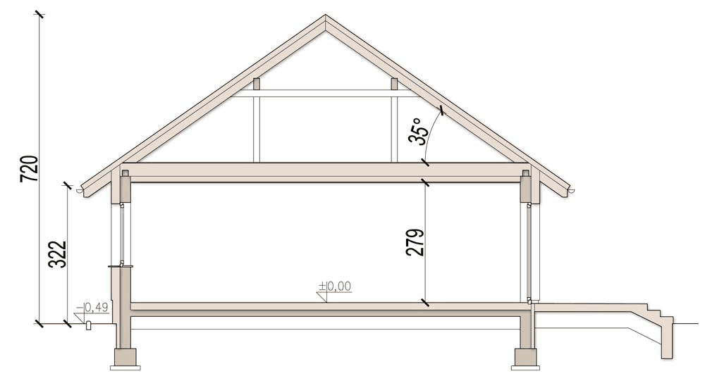 Przekrój domu jednorodzinnego Mokka - strop drewniany