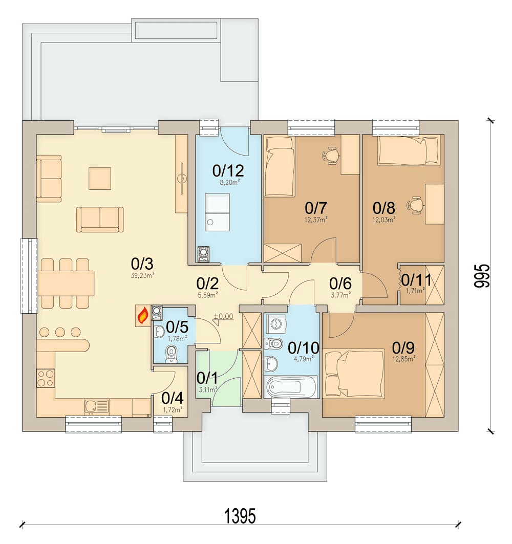 Rzut parteru domu jednorodzinnego Mokka - strop drewniany