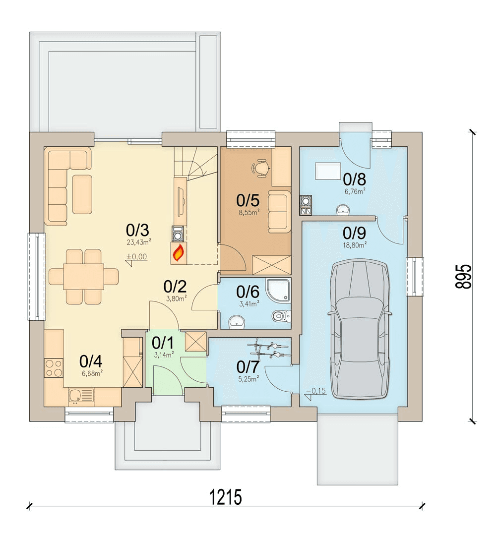 Rzut parteru domu jednorodzinnego Monte 5