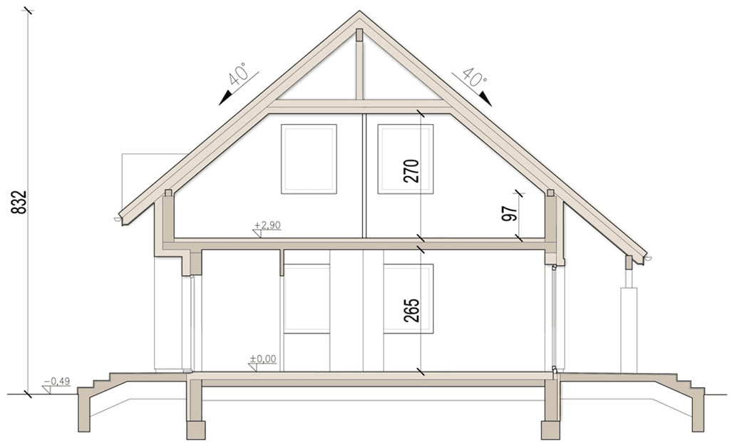 Przekrój domu jednorodzinnego Pinia