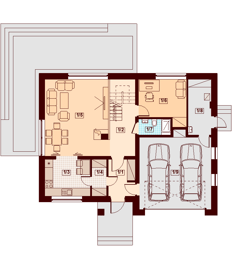 Rzut parteru domu jednorodzinnego Darlena