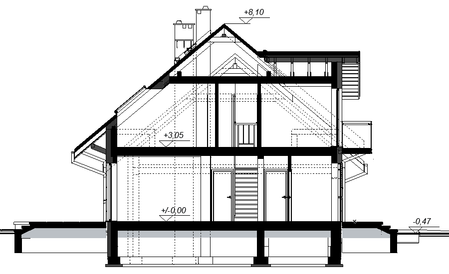 Przekrój projektu domu jednorodzinnego Alandra 2M z wykuszem
