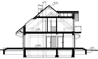 Przekrój projektu domu jednorodzinnego Alandra 2M z wykuszem