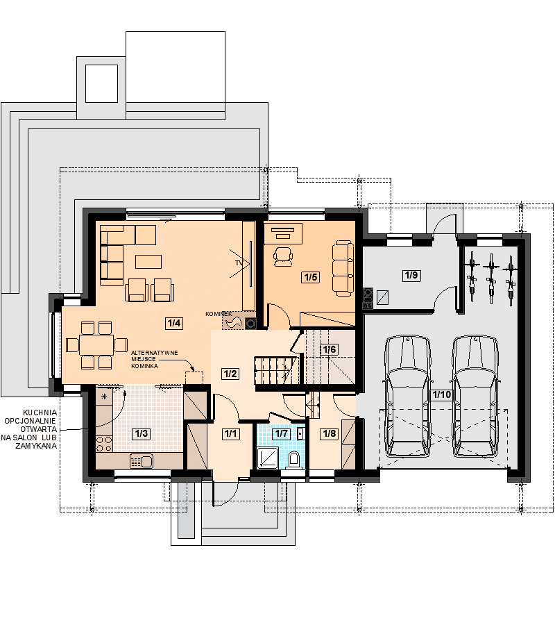 Rzut parteru domu jednorodzinnego Alandra 2M z wykuszem
