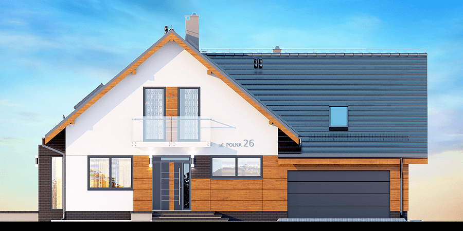 Elewacja frontowa domu jednorodzinnego Alion 2M z wykuszem