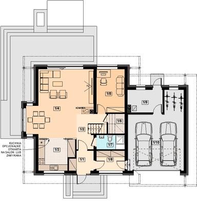 Rzut parteru domu jednorodzinnego Alion 2M z wykuszem
