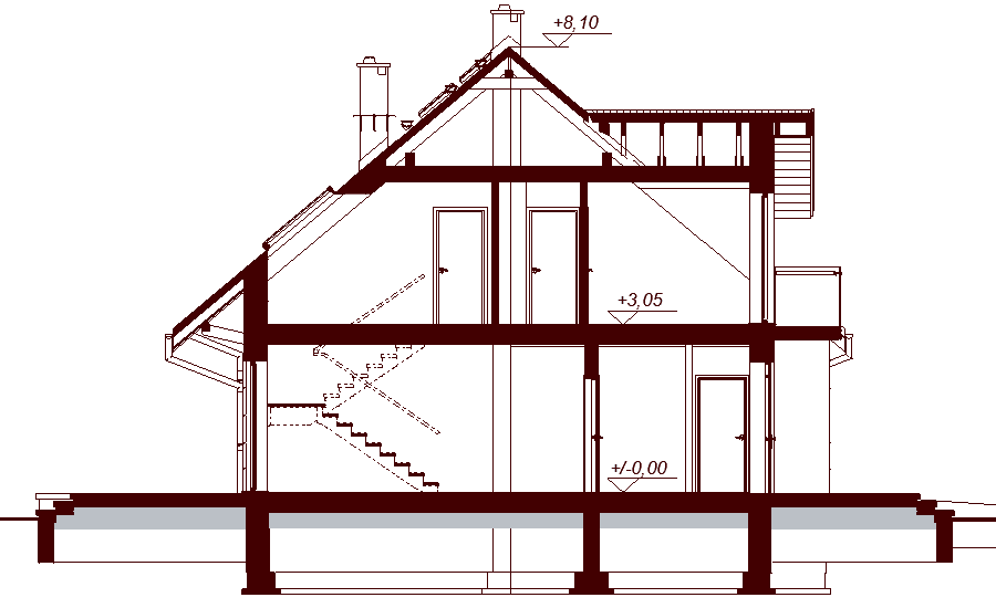 Przekrój projektu domu Amorina z wykuszem
