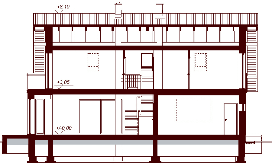 Przekrój projektu domu Amorina z wykuszem