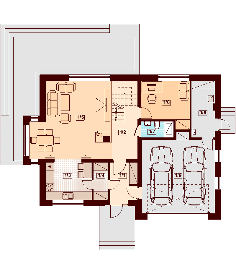 Rzut parteru domu jednorodzinnego Amorina z wykuszem