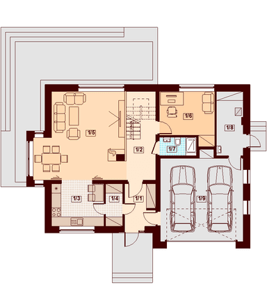 Rzut parteru domu jednorodzinnego Amorina z wykuszem