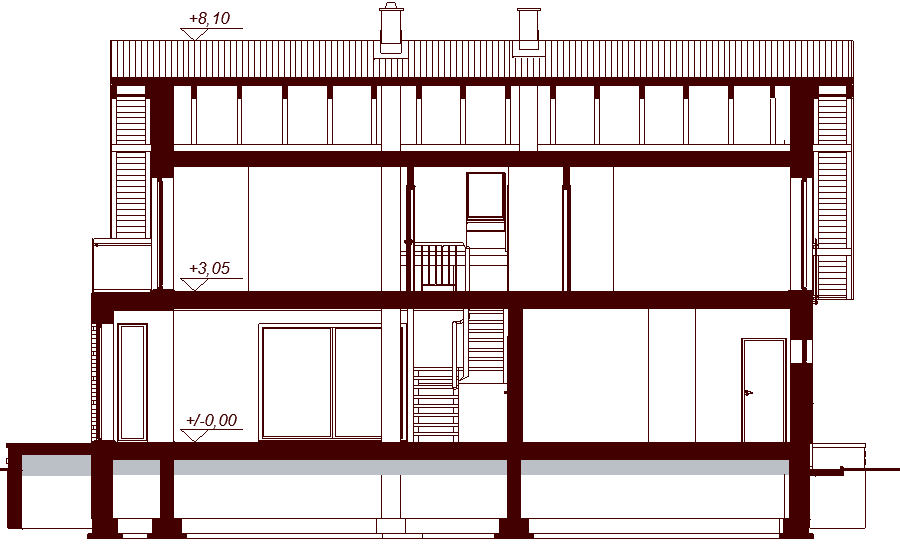 Przekrój projektu domu Darlena z wykuszem