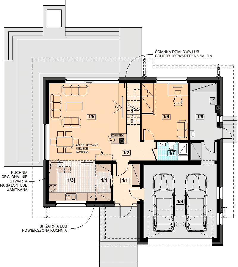 Rzut parteru domu jednorodzinnego Kaminero