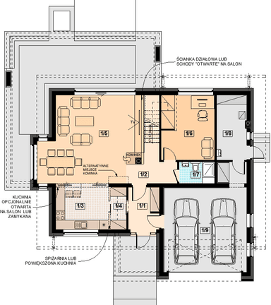 Rzut parteru domu jednorodzinnego Kaminero lux