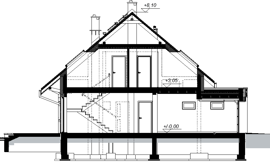 Przekrój projektu domu Kaminero z wykuszem