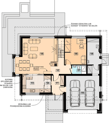Rzut parteru domu jednorodzinnego Kaminero z wykuszem