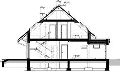 Przekrój projektu domu Kaminero z wykuszem