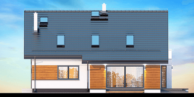 Elewacja ogrodowa dom jednorodzinnego Kaminero z wykuszem