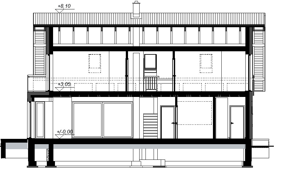 Przekrój projektu domu Kaminero z wykuszem