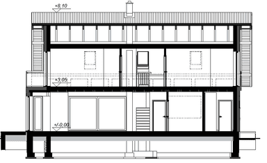 Przekrój projektu domu Kaminero z wykuszem