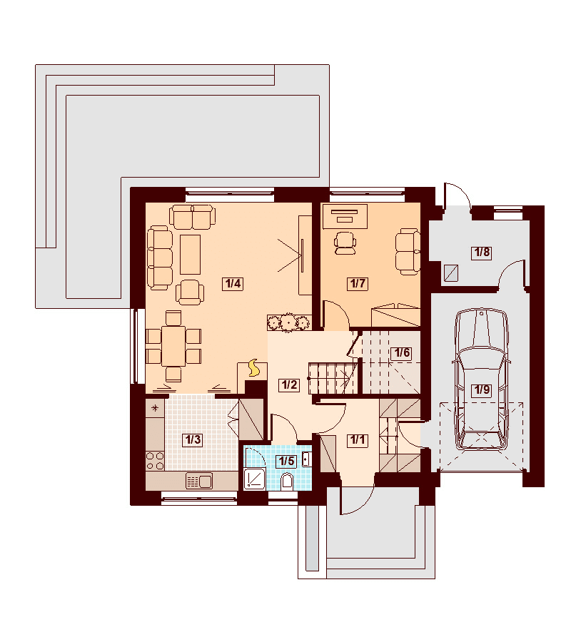 Rzut parteru domu jednorodzinnego Lisandra mała