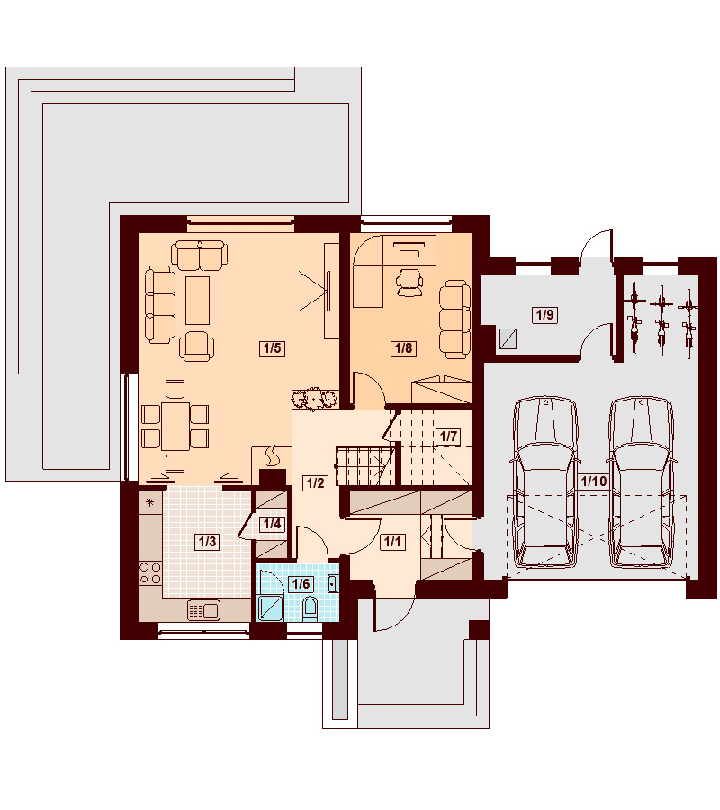 Rzut parteru domu jednorodzinnego Noelia bis 2M