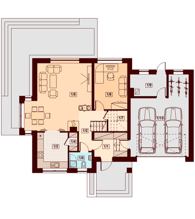 Rzut parteru domu jednorodzinnego Noelia Bis 2M z wykuszem