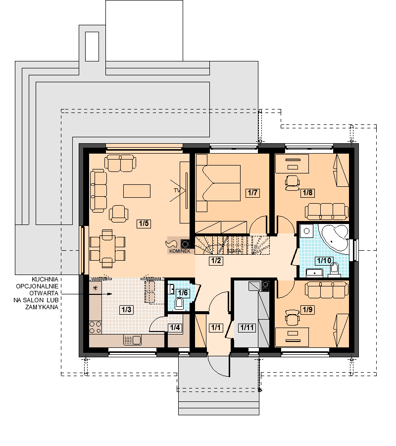 Rzut parteru domu jednorodzinnego Santia Bis