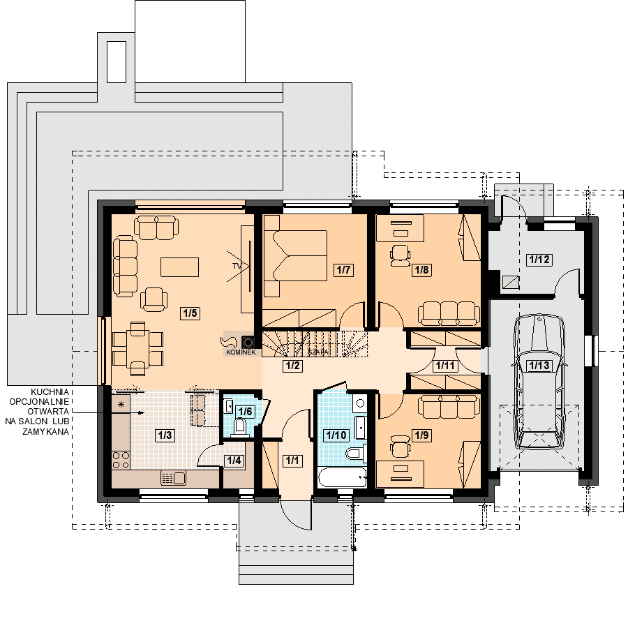 Rzut parteru domu jednorodzinnego Santina Bis 1M