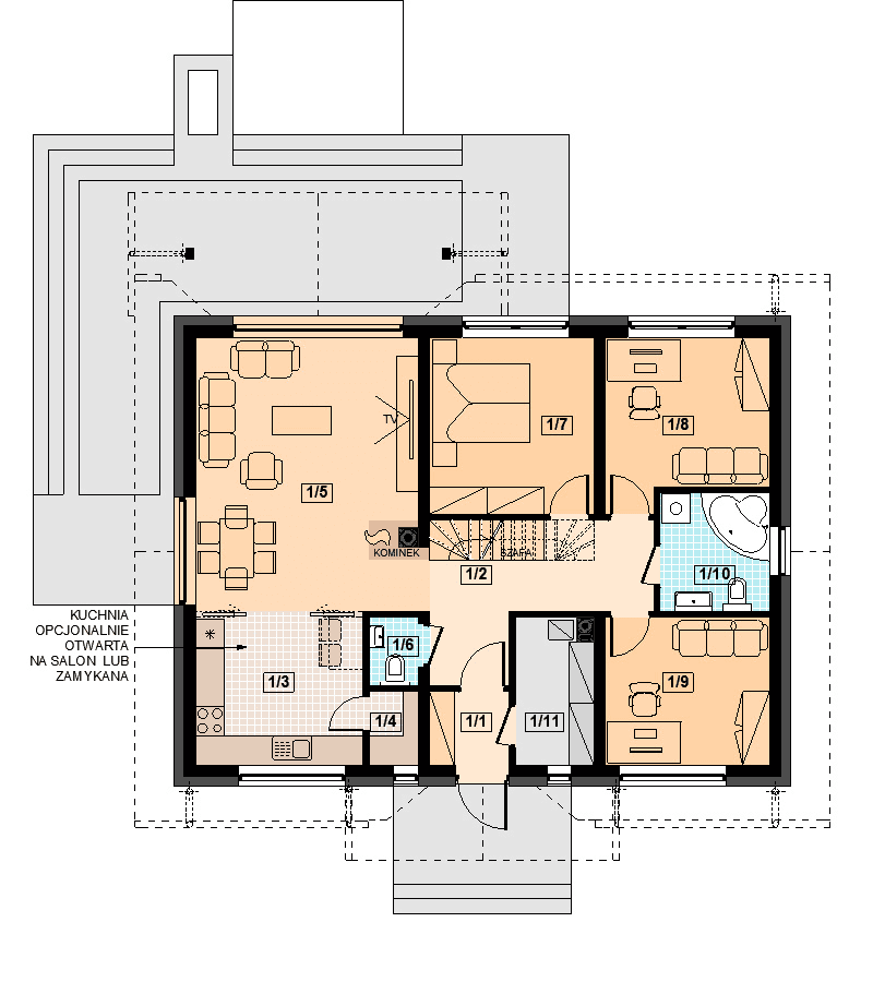 Rzut parteru domu jednorodzinnego Saratoga