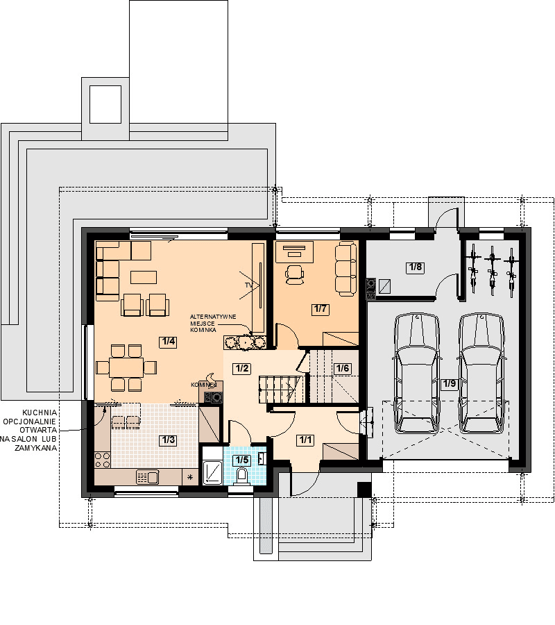 Rzut parteru domu jednorodzinnego Torina Bis 2M