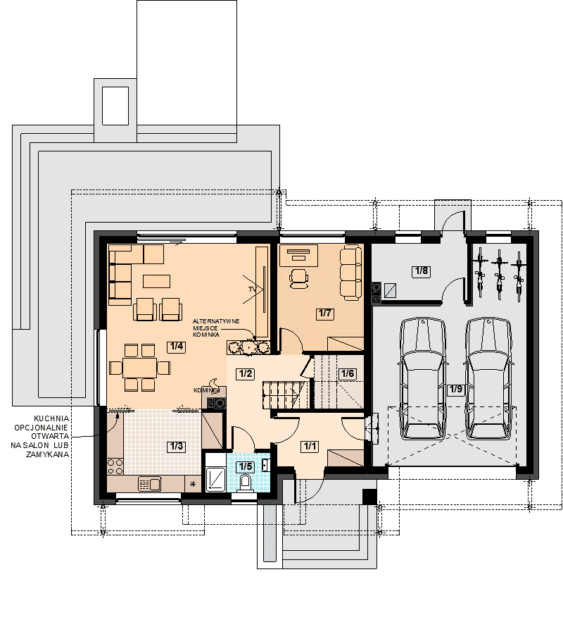 Rzut parteru domu jednorodzinnego Torina mała 2M