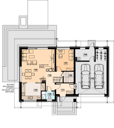 Rzut parteru domu jednorodzinnego Torina mała 2M