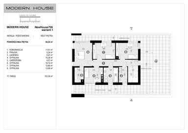 Rzut parteru piętra projektu domu jednorodzinnego New House 726 w1