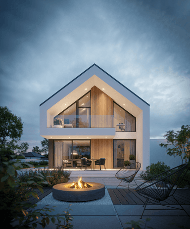 Projekt NewHouse 759 widok z ogrodu z miejscem na kominek