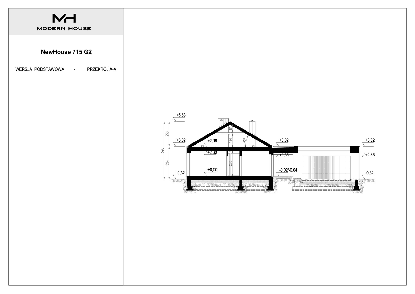 Przekrój projekt domu parterowego NewHouse 715 G2