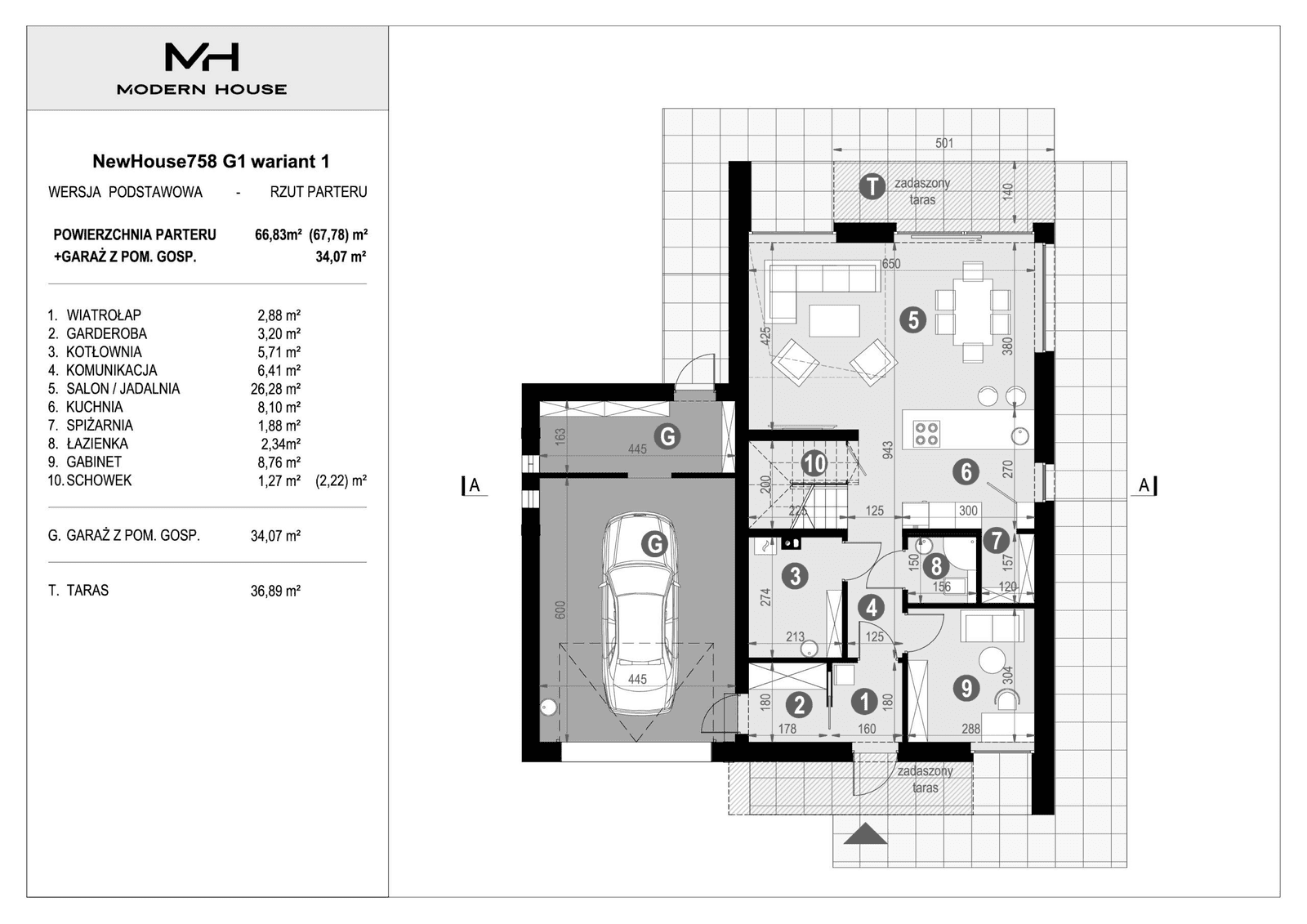 Rzut parteru projektu domu ModernHouse 758 g wariant 1