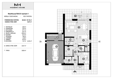 Rzut parteru projektu domu ModernHouse 758 g wariant 1