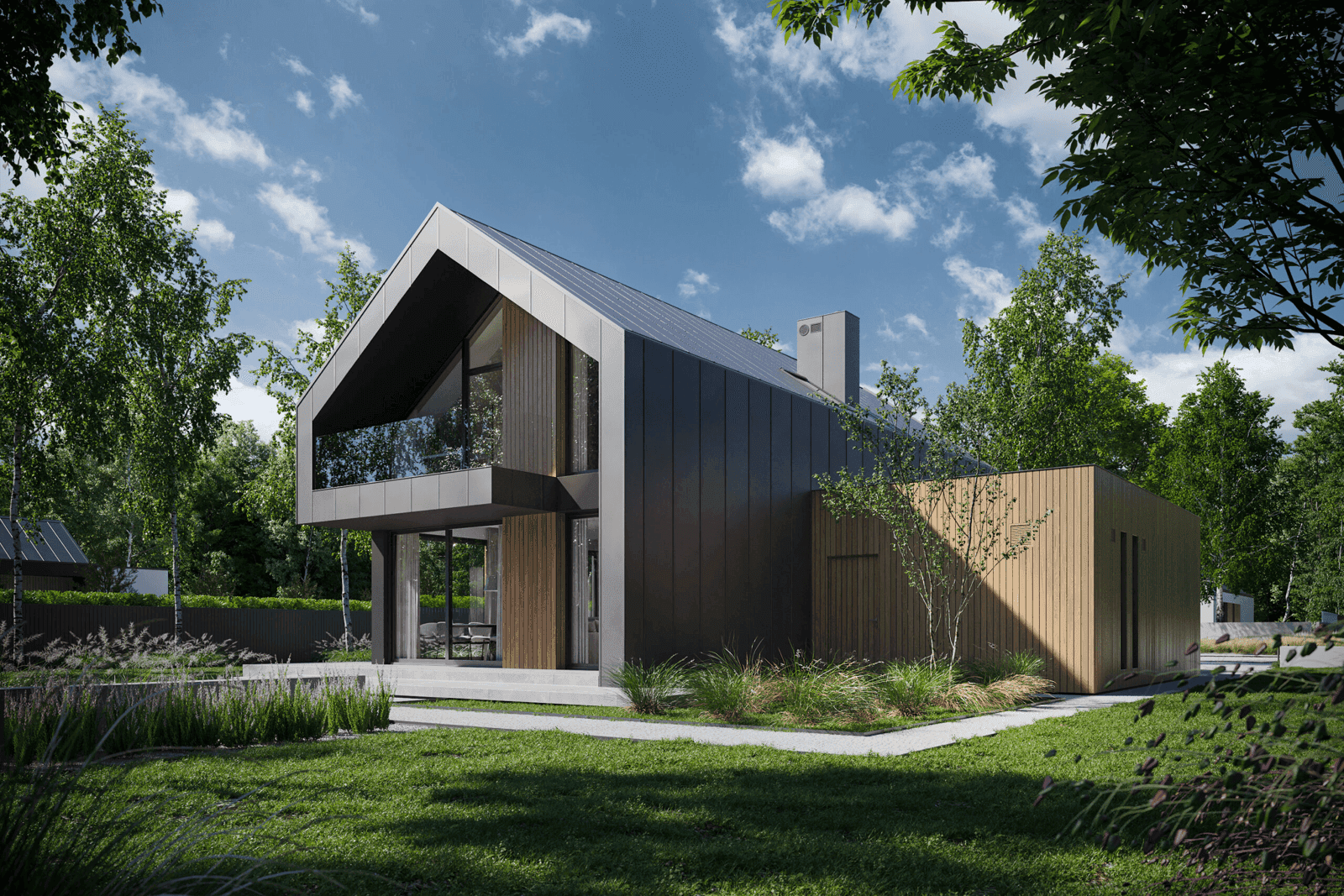Widok na dom z poddaszem i antresolą projekt domu Modern House 758 g wariant 1