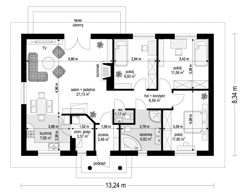 Rzut parteru w domu Słoneczny wariant E