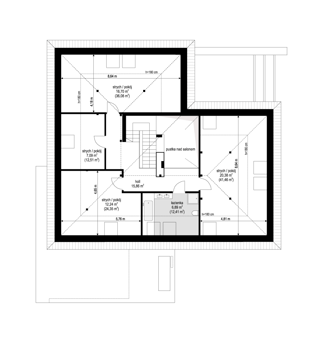 Rzut poddasza w projekcie domu Hiacynt wariant B