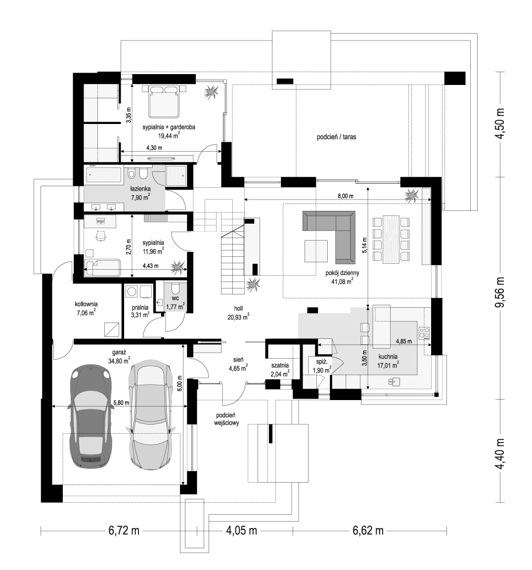 Rzut parteru w projekcie Hiacynt wariant B