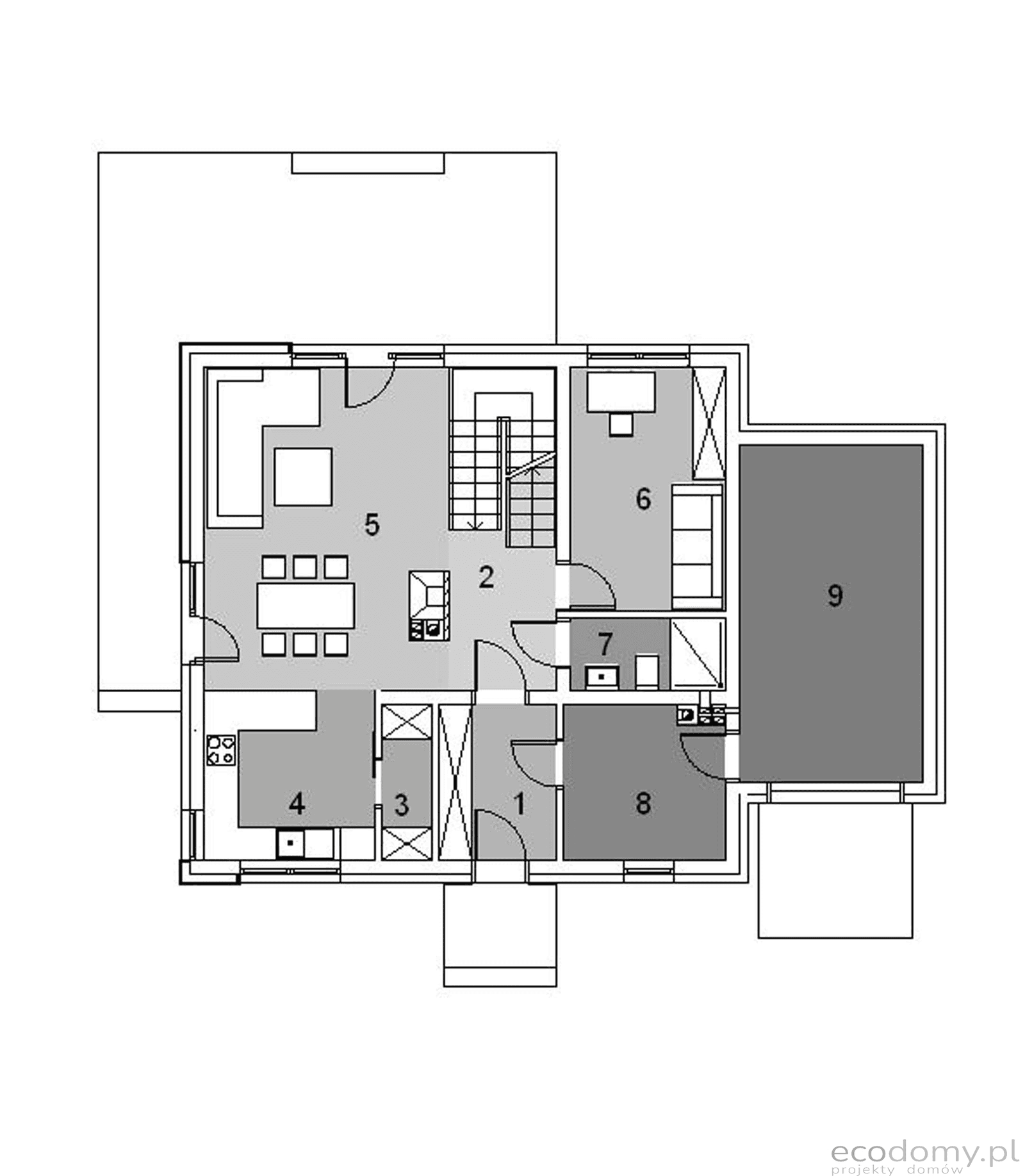 Rzut parteru w projekcie domu jednorodzinnego Eco11