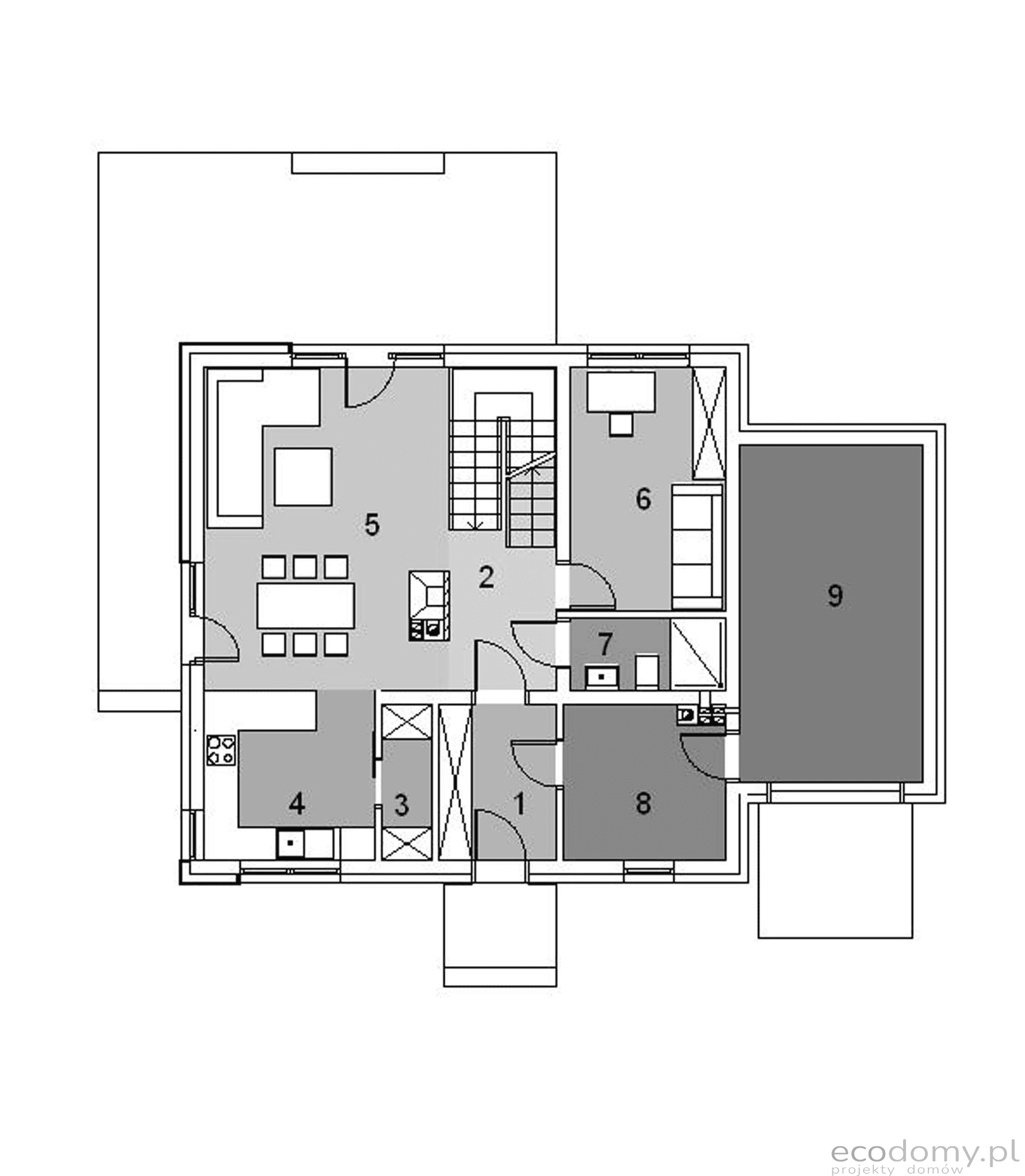 Rzut parteru w projekcie domu jednorodzinnego Eco11