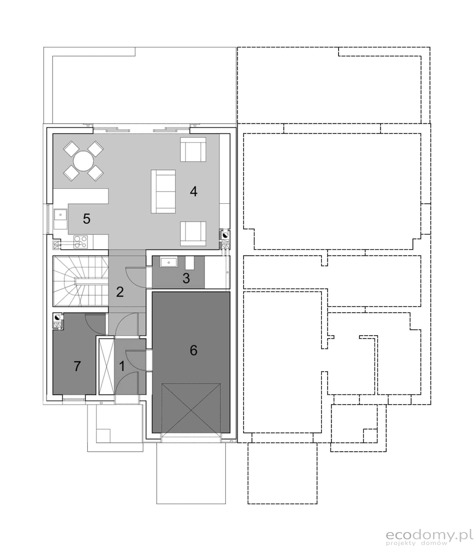 Rzut parteru w projekcie domu w zabudowie bliźniaczej Eco12